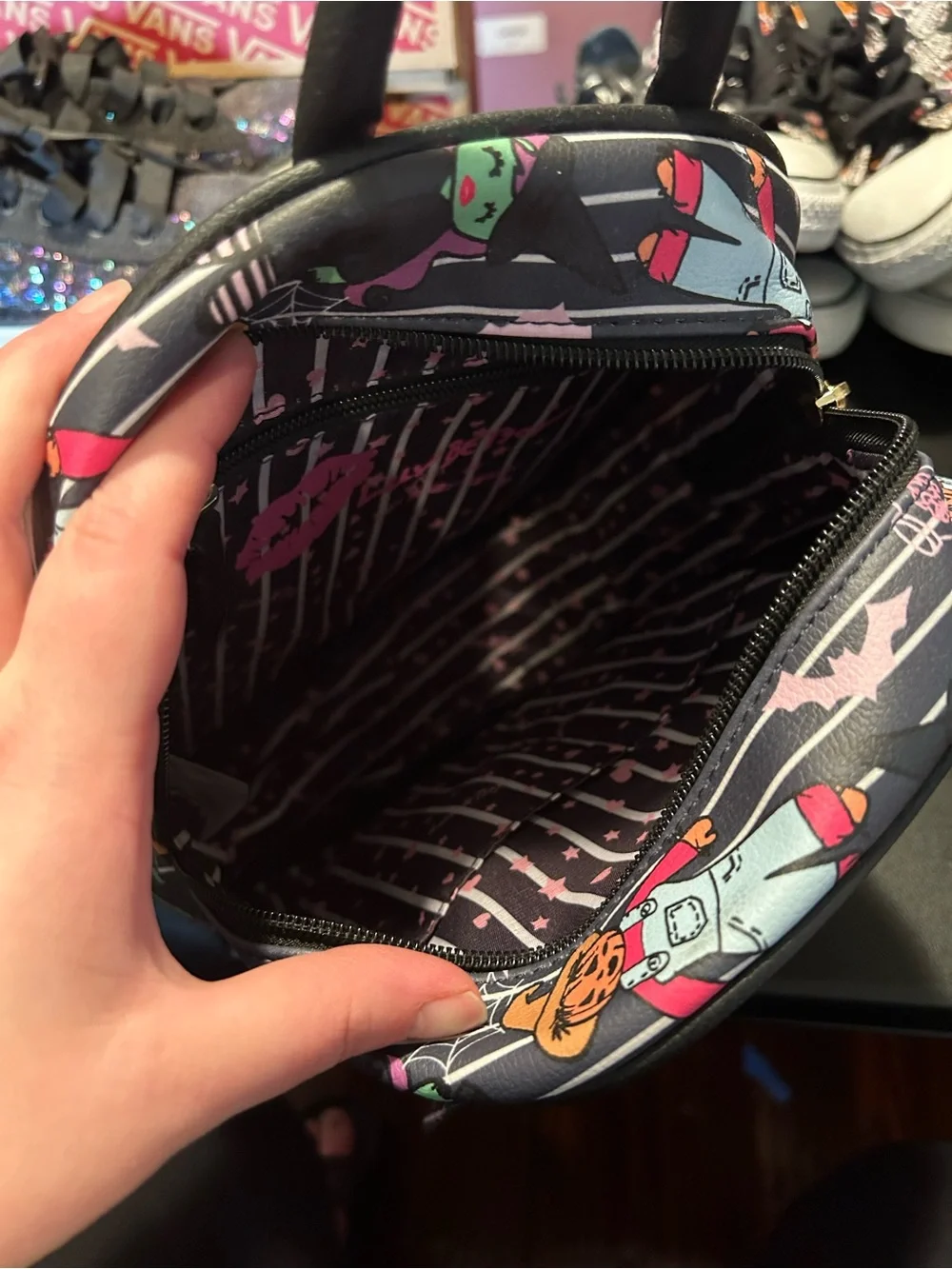 Betsey Johnson Black Mini Backpack with Neon Green & Pink Monster Print